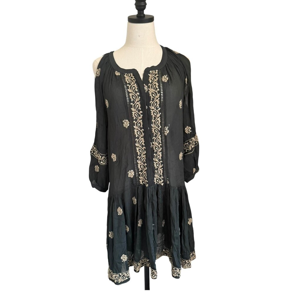 Miss June Paris Black Embroidered Boho Mini Dress Sequin Peasant Tunic